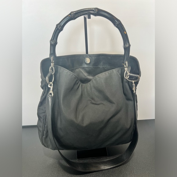 Gucci black nylon canvas hobo bag with leather strap and bamboo handle - Picture 12 of 15